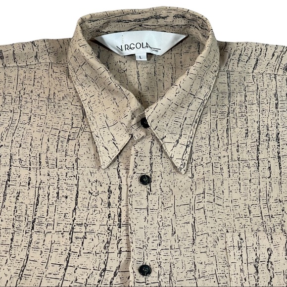 Virgola size large vintage tan with black designs button down short sleeve shirt - Picture 2 of 11